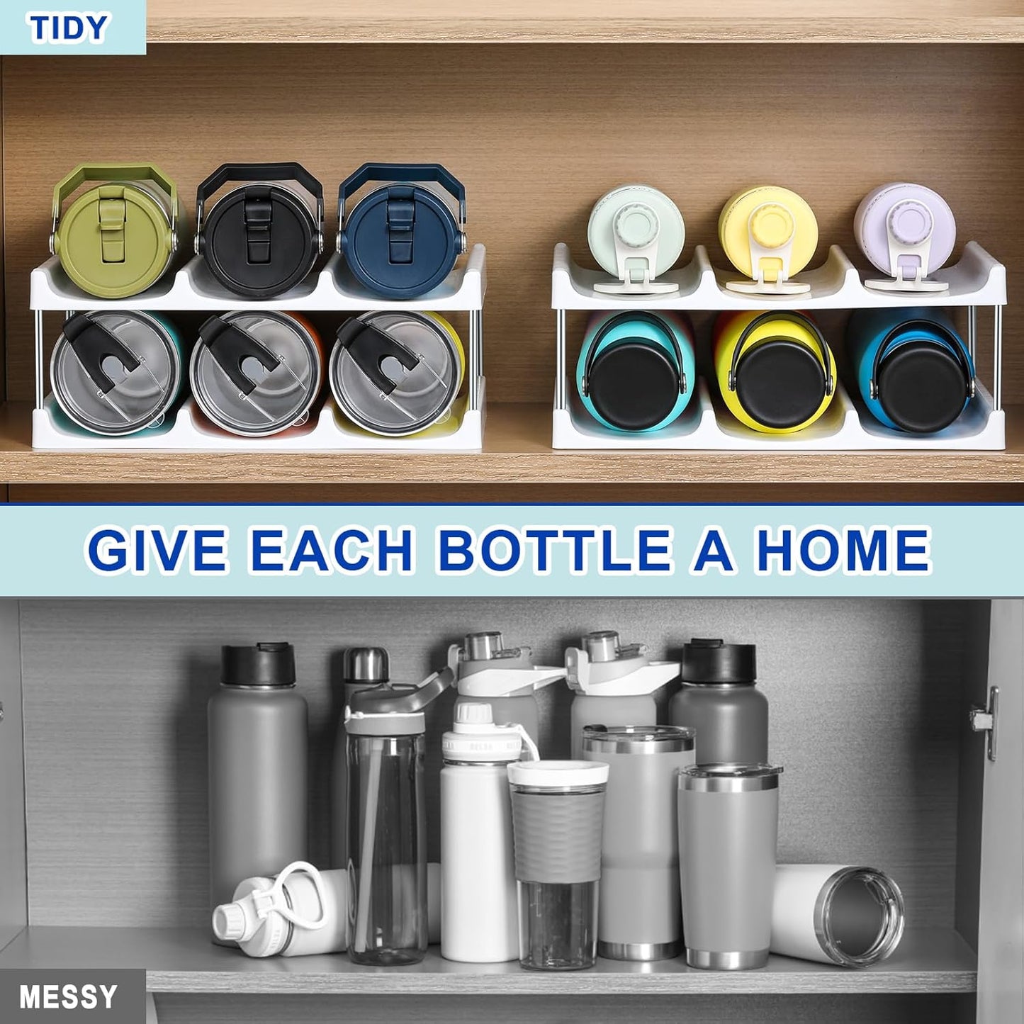 LARGER Compartment - 3 Tier Stackable Water Bottle Organizer Holder - for Stanley 40oz & Others' Large Tumbler - Clear Wine Rack, 12 Cup Bottle Holder for Cabinet Home Countertop Fridge Pantry Shelf