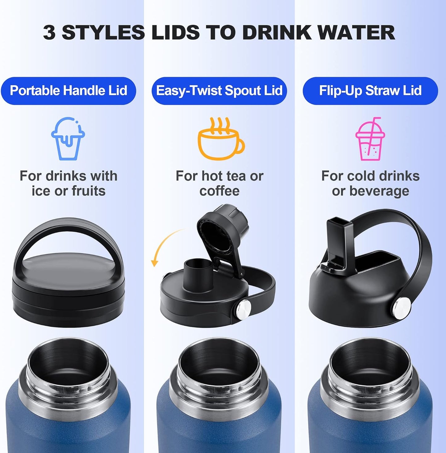 HYDROWION 32oz Stainless Steel Water Bottle(Cold for 48 Hrs, Hot for 24 Hrs),Double Wall Vacuum Insulated Water Bottle with Straw Lid, Spout Lid and Flex Cap, Fit in Any Car Cup Holder,Black