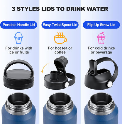 HYDROWION 32oz Stainless Steel Water Bottle(Cold for 48 Hrs, Hot for 24 Hrs),Double Wall Vacuum Insulated Water Bottle with Straw Lid, Spout Lid and Flex Cap, Fit in Any Car Cup Holder,Black