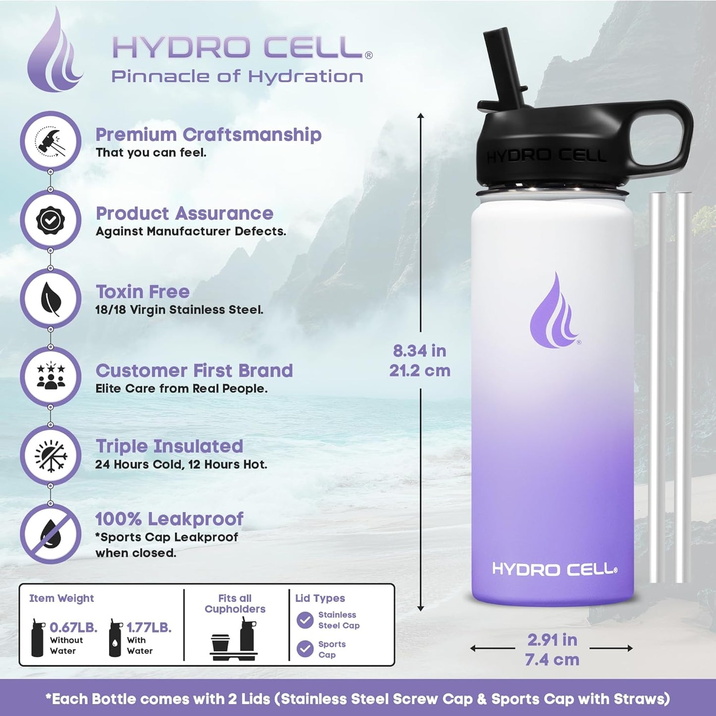 HYDRO CELL Stainless Steel Insulated Water Bottle with Straw - For Cold & Hot Drinks - Metal Vacuum Flask with Screw Cap and Modern Leakproof Sport Thermos for Adults (Neon 18oz)