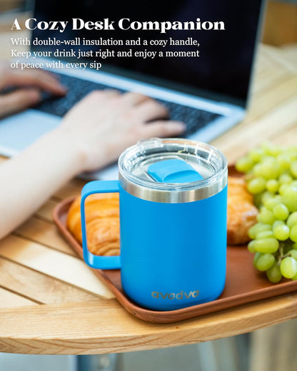 12oz Insulated Coffee Mug with Lid – Includes Two Lids, Stainless Steel Coffee Travel Mug with Handle, Double Wall Vacuum Insulated Camping Mug for Home, Office & Outdoor, Navy Blue