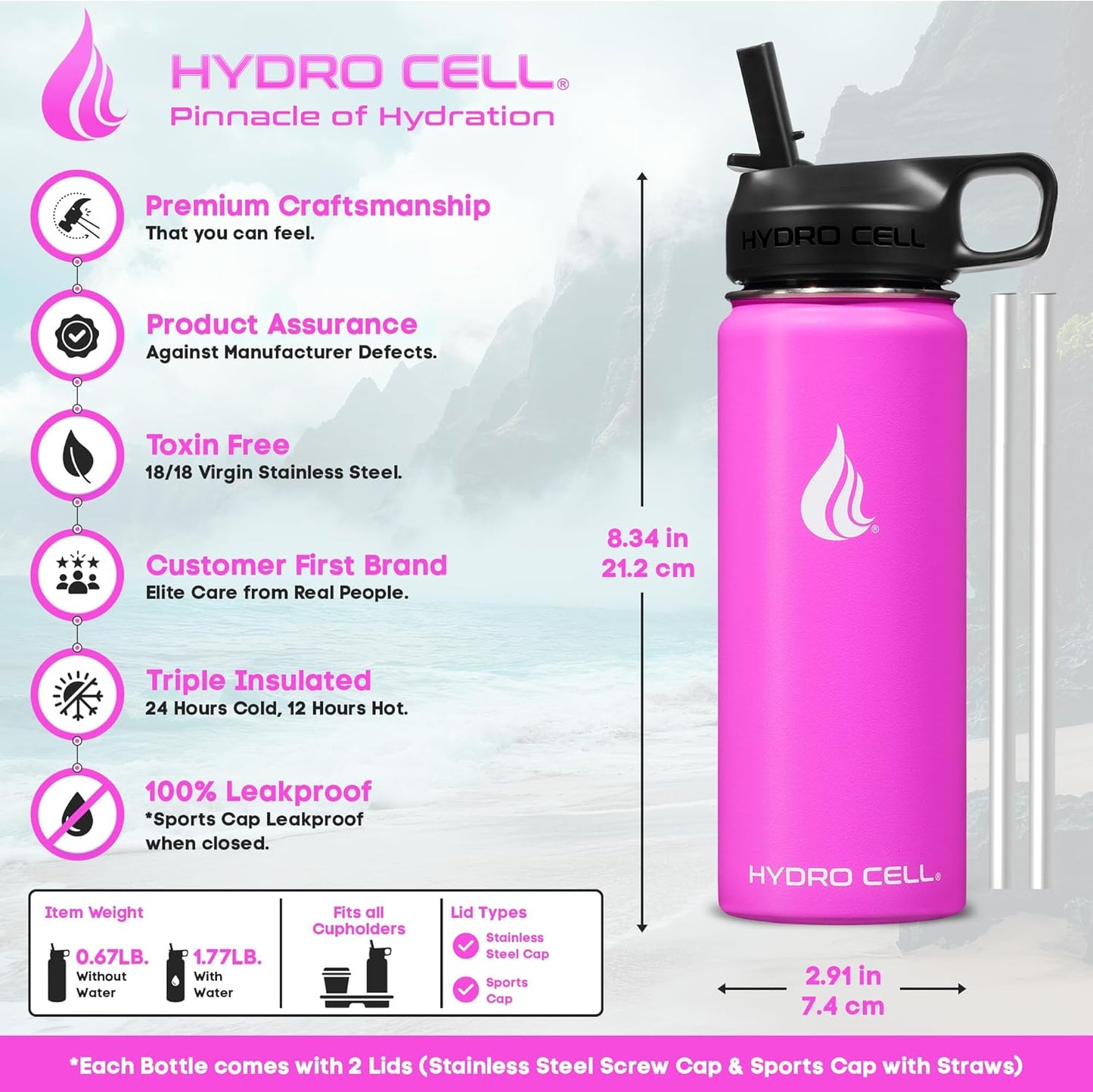 HYDRO CELL Stainless Steel Insulated Water Bottle with Straw - For Cold & Hot Drinks - Metal Vacuum Flask with Screw Cap and Modern Leakproof Sport Thermos for Adults (Neon 18oz)