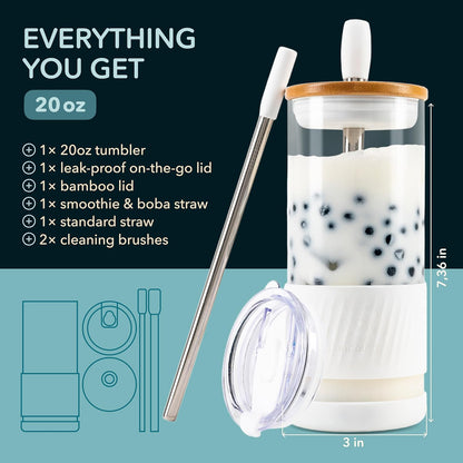 Pandaloo® Glass Cups With Lids and Straws -20 Fl Oz- Perfect Size Iced Coffee Cup - Smoothie Cup With Bamboo Lid and On the go Lid - Glass Tumbler With Straw (1 Count (Pack of 1), Lilac Rhapsody)