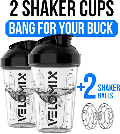VELOMIX -2 Pack- 20 oz Protein Shaker Bottles for Protein Mixes - 2x Wire Whisk | Leak Proof Shaker Cups for Protein Shakes and Pre Workout | Protein Shaker Bottle Pack (Black/Transparent)