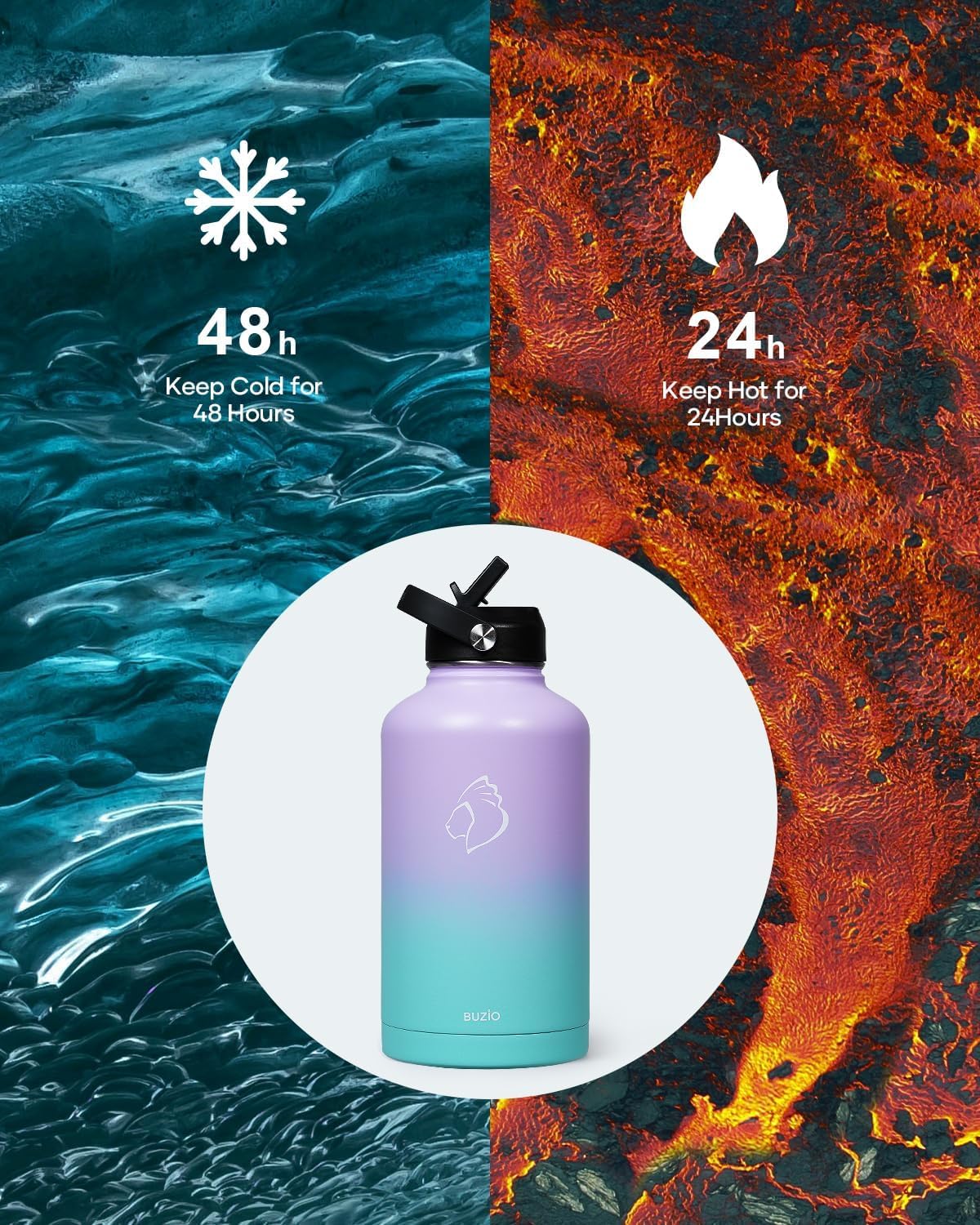 BUZIO 40oz Insulated Water Bottle, Triple Wall Vacuum Stainless Steel Water Flask with 2 lids, Lead-Free BPA-Free Straw Lid Sports Canteen Jug, Cold 48H & Hot 24H- Black - Colors B