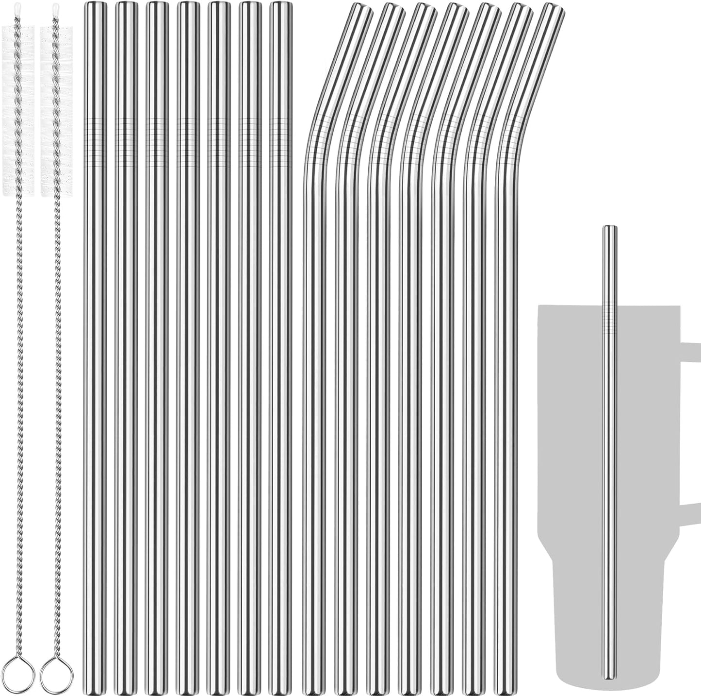 Tomorotec 8PCS 12" Stainless Steel Straws 4 Bent & 4 Straight Fit for 40oz Stanley Tumblers, Reusable Food-Grade Drinking Straws with Brush for Smoothies, Milkshakes, Iced Coffee, Dishwasher Safe