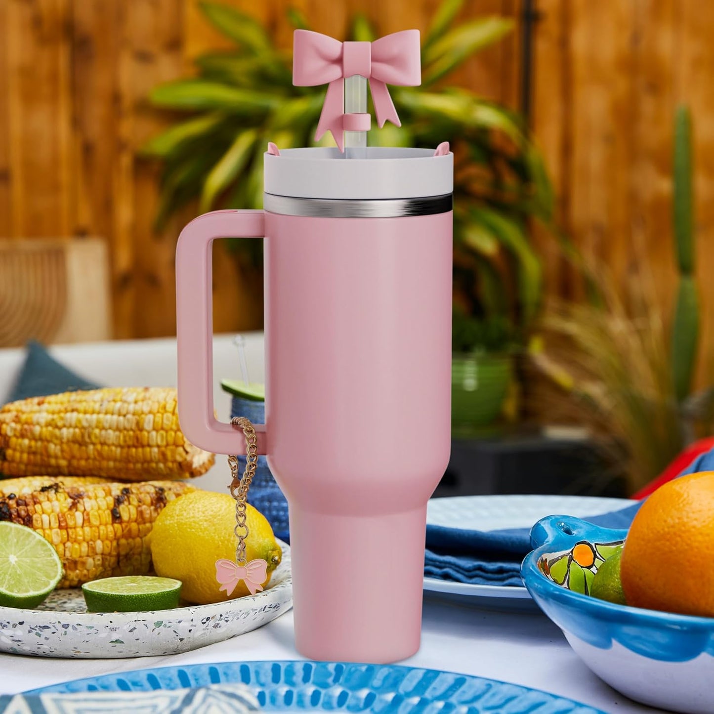 Compatible with Stanley Cup Accessories - 3Pcs 10mm Bow Straw Topper Compatible with Stanley Cup Straw Cover Cap, 2pcs Pink Bow Charms for Stanley 30&40 Oz Tumbler with Handle