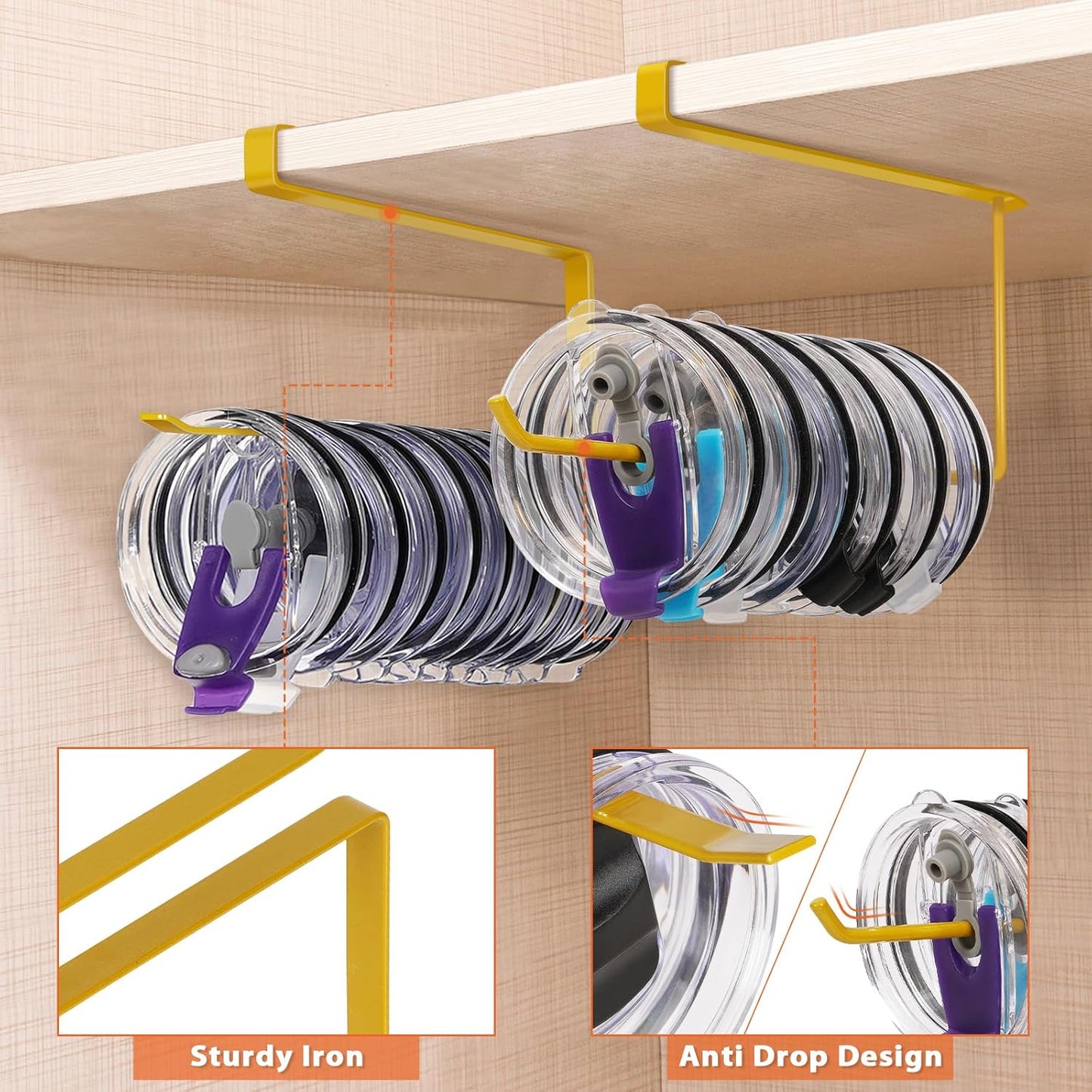 Tumbler Lid Organizer, Horizontal Tumbler Lid Storage Hook Up to 10 Lids, Space Saving Cup Lid Holders Under Cabinet Tumbler Lid Hook for Kitchen Organizer and Storage,Hanging Paper Towel Rack Hanger