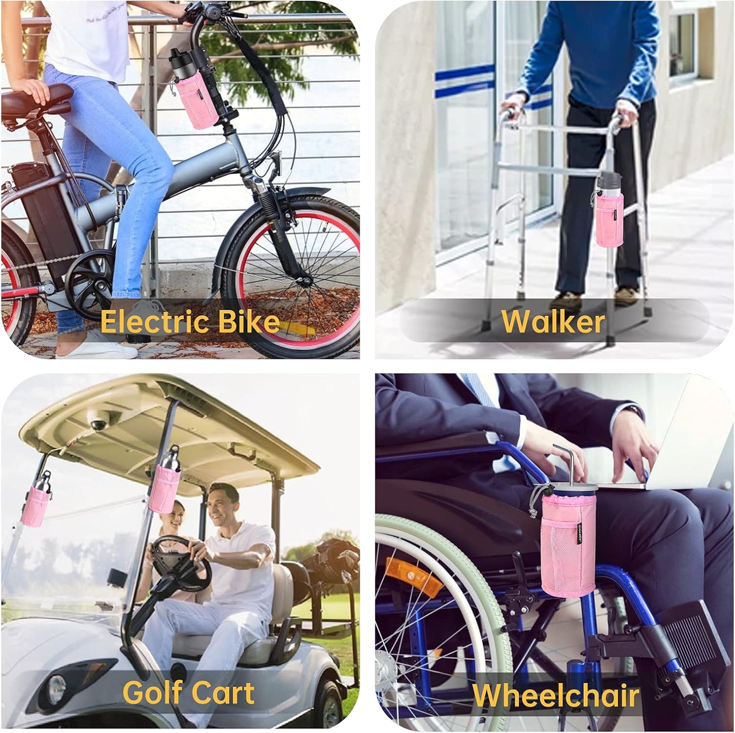 GEARV 2Pack Cup Holder for Bike, Scooter and Wheelchair, Water Bottle Holder for UTV/ATV, Walker, Golf Cart and Beach, Universal Drink Holder Accessories with Net Pocket and Cord Lock (Black)