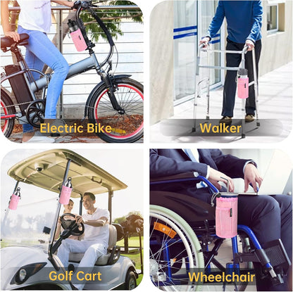 GEARV 2Pack Cup Holder for Bike, Scooter and Wheelchair, Water Bottle Holder for UTV/ATV, Walker, Golf Cart and Beach, Universal Drink Holder Accessories with Net Pocket and Cord Lock (Black)
