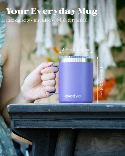 12oz Insulated Coffee Mug with Lid – Includes Two Lids, Stainless Steel Coffee Travel Mug with Handle, Double Wall Vacuum Insulated Camping Mug for Home, Office & Outdoor, Navy Blue