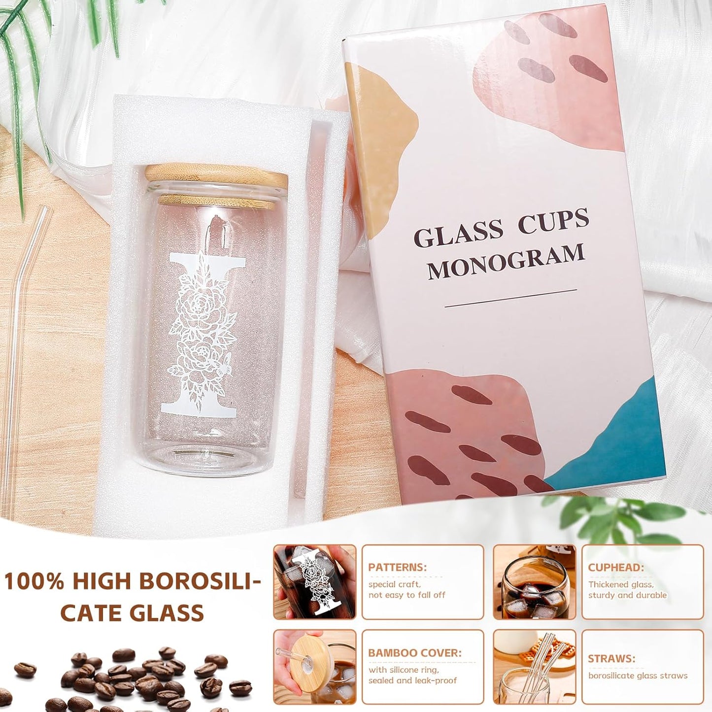 Glass Cups with Lids and Straws: Personalized Initial Glass Cup Be Used As Reusable Iced Coffee Cups with Lids,Cute Matcha Tumbler - The Christmas/Birthday Gifts for Women - M Smoothie Cup