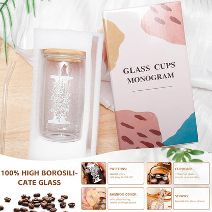 Glass Cups with Lids and Straws: Personalized Initial Glass Cup Be Used As Reusable Iced Coffee Cups with Lids,Cute Matcha Tumbler - The Christmas/Birthday Gifts for Women - M Smoothie Cup