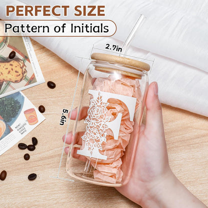 Glass Cups with Lids and Straws: Personalized Initial Glass Cup Be Used As Reusable Iced Coffee Cups with Lids,Cute Matcha Tumbler - The Christmas/Birthday Gifts for Women - M Smoothie Cup