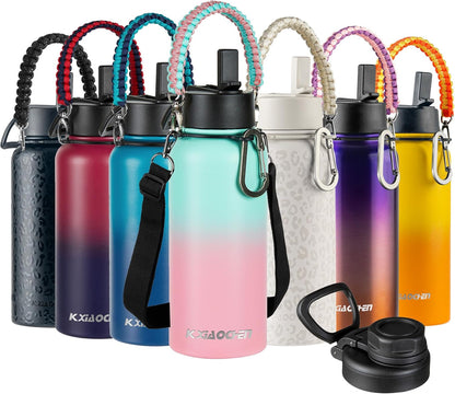 KXIAOCHEN Insulated Water Bottle With Strap, Cold For 48 Hrs Leak Proof, Triple Wall Stainless Steel Sports Water Bottle With Straw And Spout Lid For Gym Hiking Travel