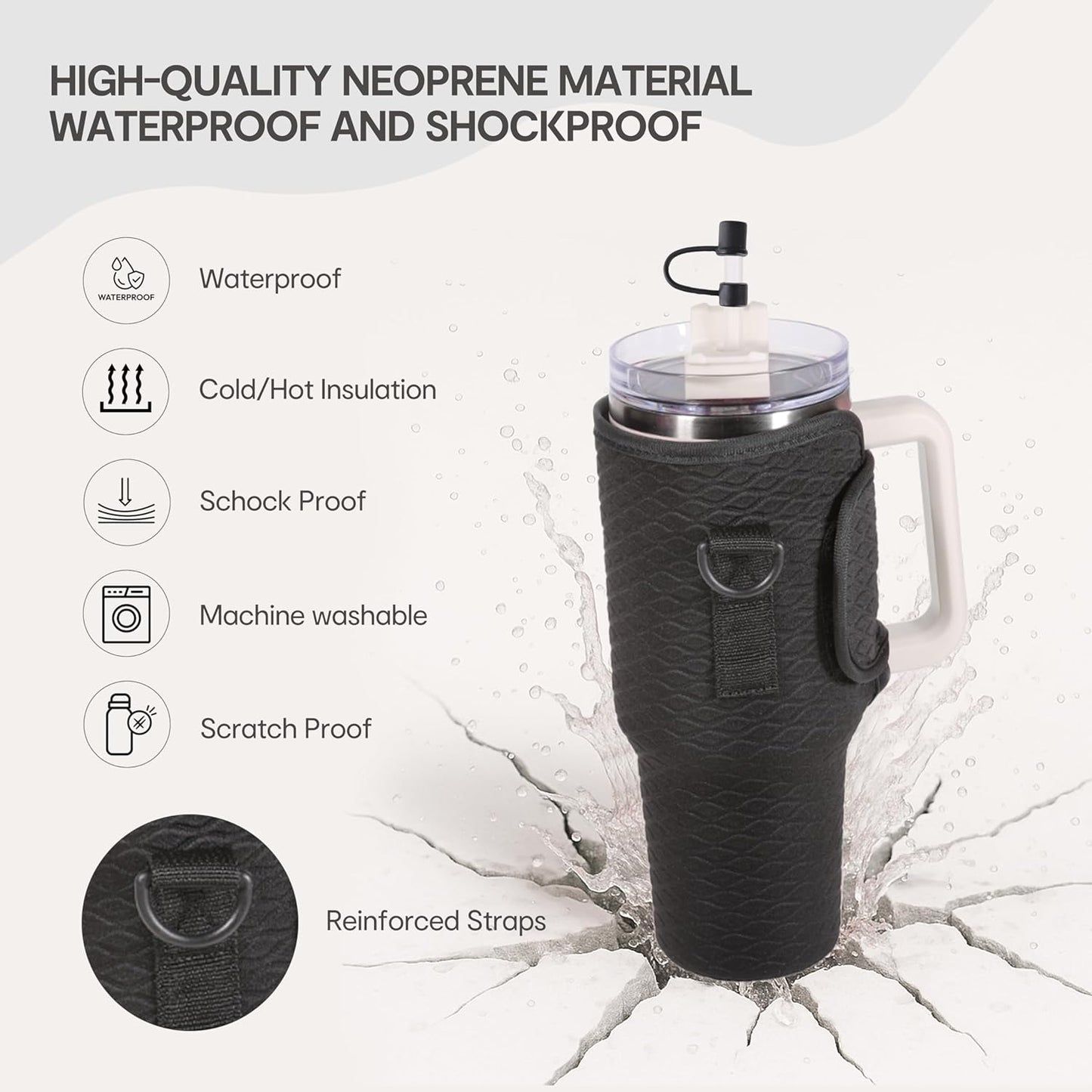 &And Per Se Water Bottle Shoulder Bag with Phone Pocket, Compatible with Stanley 30oz Tumblers - Neoprene Carrier with Adjustable Strap & Charm Accessory (Black)