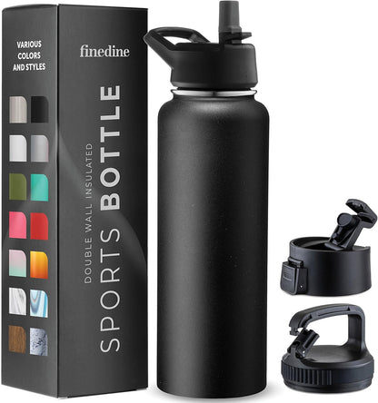 FineDine Water Bottle - Stainless Steel Insulated Water Bottle with Straw Lid, Flip Lid & Wide-Mouth Cap - Keeps Hot and Cold - 25 Oz / 739ml - Dreamy Purple