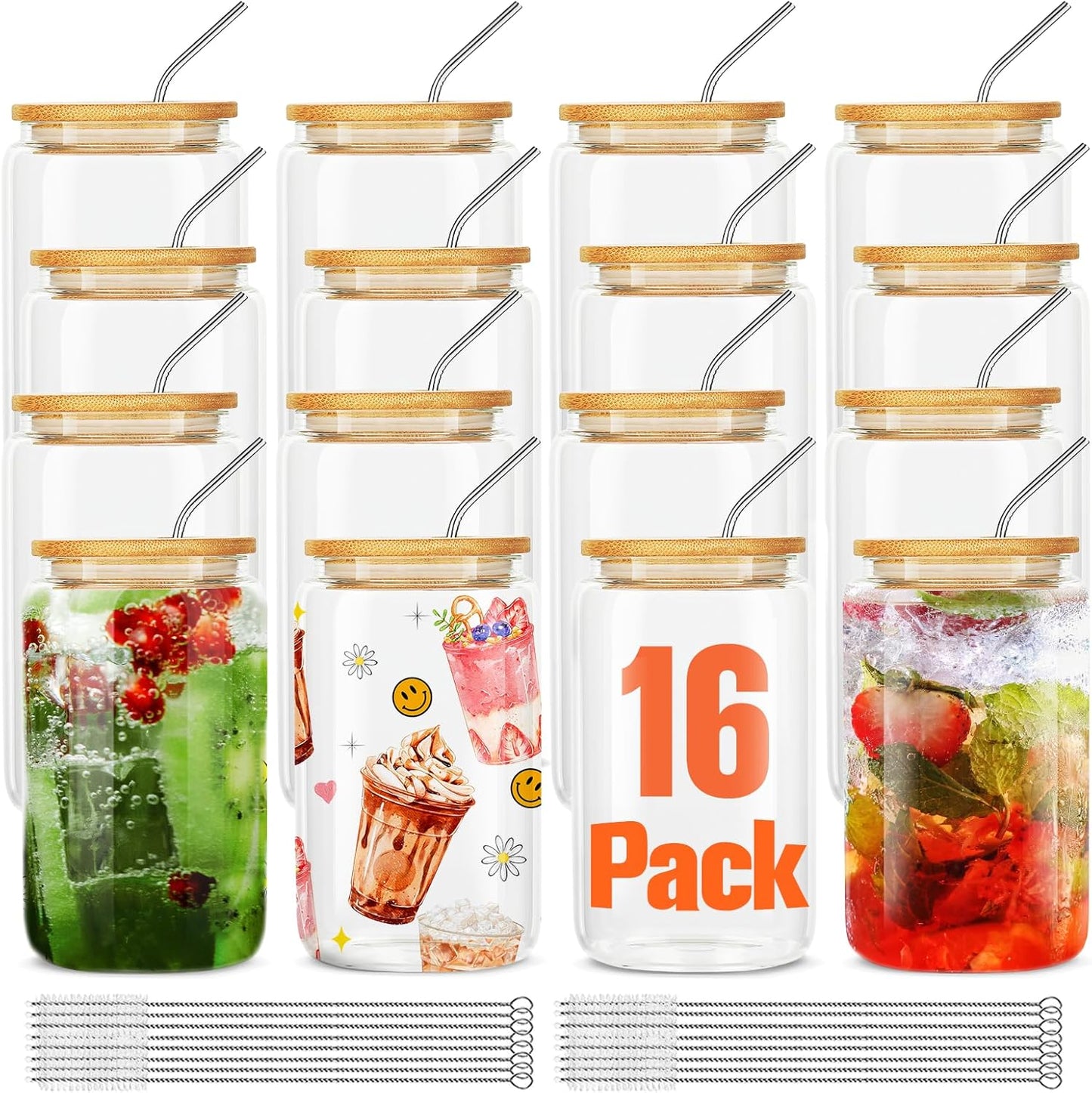 ASKIZ 16Pcs Glass Cups With Bamboo Lids and Straws,16Oz Ice Coffee Cup,Drinking Glasses Cups Set,Water Bottles Glasses for Juicing,Beer,Coffee,Soda,Tea-Glass Tumbler Reusable for Gifts