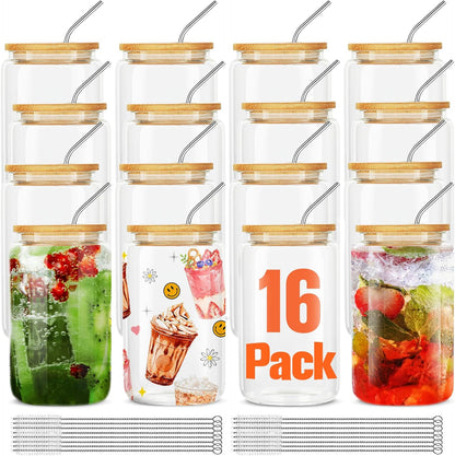ASKIZ 16Pcs Glass Cups With Bamboo Lids and Straws,16Oz Ice Coffee Cup,Drinking Glasses Cups Set,Water Bottles Glasses for Juicing,Beer,Coffee,Soda,Tea-Glass Tumbler Reusable for Gifts