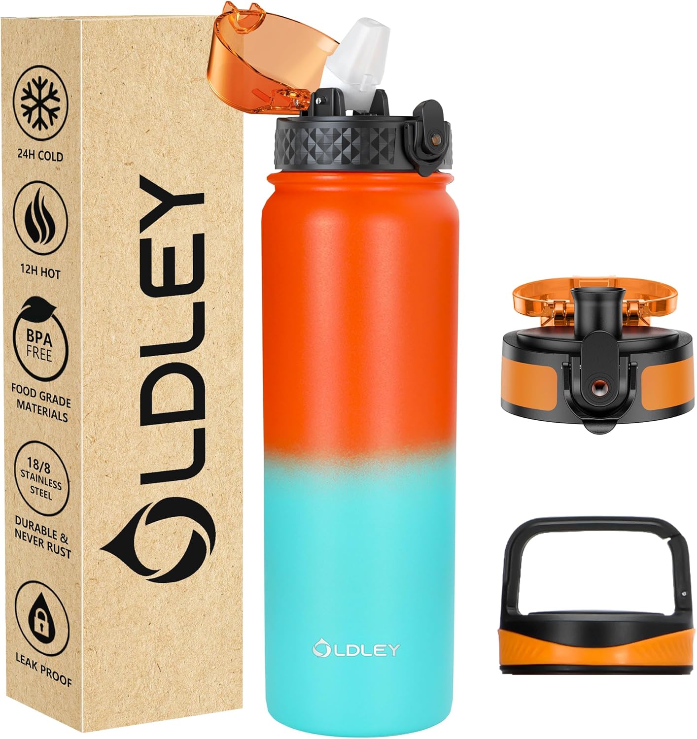 Oldley Insulated Water Bottle 20oz for Adults Kids Stainless Steel Water Bottles with Straw/Chug/Carabiner 3 Lids Fruit Strainer Double Wall Vacuum Wide Mouth BPA Free Leak-Proof for School Travel