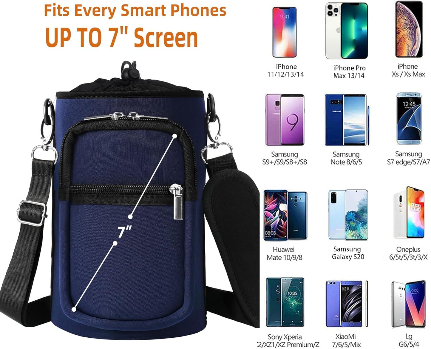 AceTreker 32/40/64/128 oz Neoprene Insulated Water Bottle Carrier Bag, Sling Bag Sleeve Pouch Holder with Strap & Paracord Handle and 2 Pocket for Travelling, Hiking, Camping