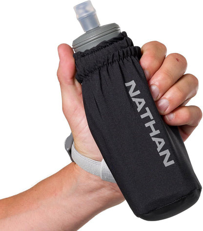 Nathan Handheld Soft Flask 18oz - Exo-Draw Insulated Collapsible Bottle - Grip-Free Strap & Rigid ExoSpine for Comfort/Support - Breathable Mesh Strap - Ideal Running/Hiking, Pinnacle, Black