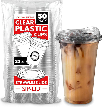 16 oz Clear Plastic Cups with Lids Disposable, Togo Drinking Cup with Strawless Sip Lid for Smoothie, Cold Brew Iced Coffee, Lemonade, Ice Latte, Boba, Party Drinks, Bulk, 16 Ounce (Set of 50)
