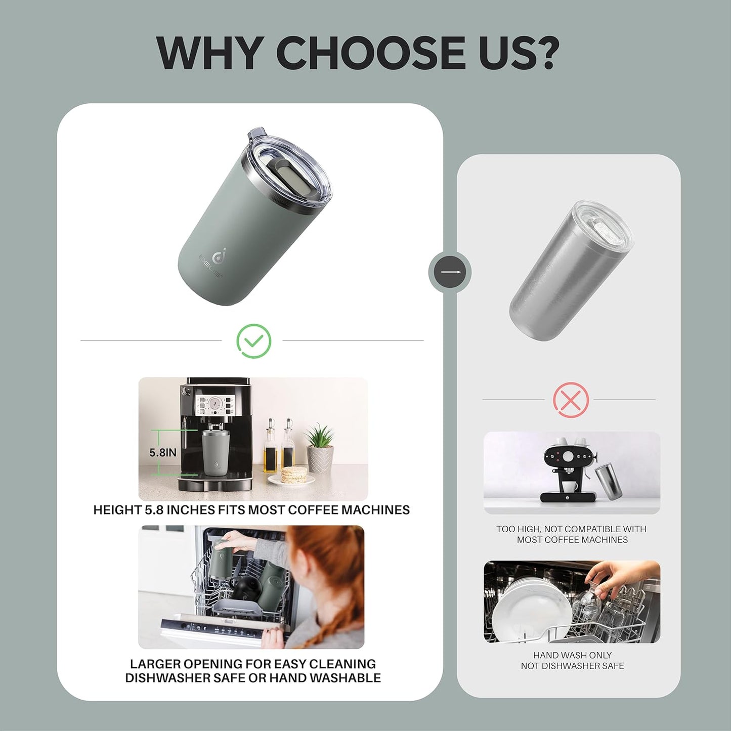 Ideus 20 oz Tumbler, Travel Coffee Mug with Splash Proof Sliding Lid, Double Wall Stainless Steel Vacuum Insulated Coffee Mug for Home and Office, Keep Beverages Hot or Cold, Avocado Green