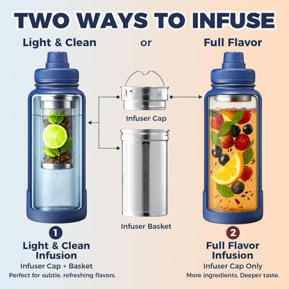 Lexlion Tea Infuser Water Bottle 32 Oz – Triple Wall Insulated Stainless Steel, Loose Leaf & Fruit Strainer, 3 Leakproof Lids, BPA-Free Silicone Sleeve, Reusable Thermal Mug
