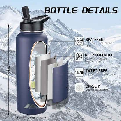StarSpeed 32oz Insulated Water Bottle with Straw Lid, Stainless Steel Double Walled Vacuum Water Flask, Wide Mouth Sports Water Bottle for Gym Camping Hiking, Indigo Black