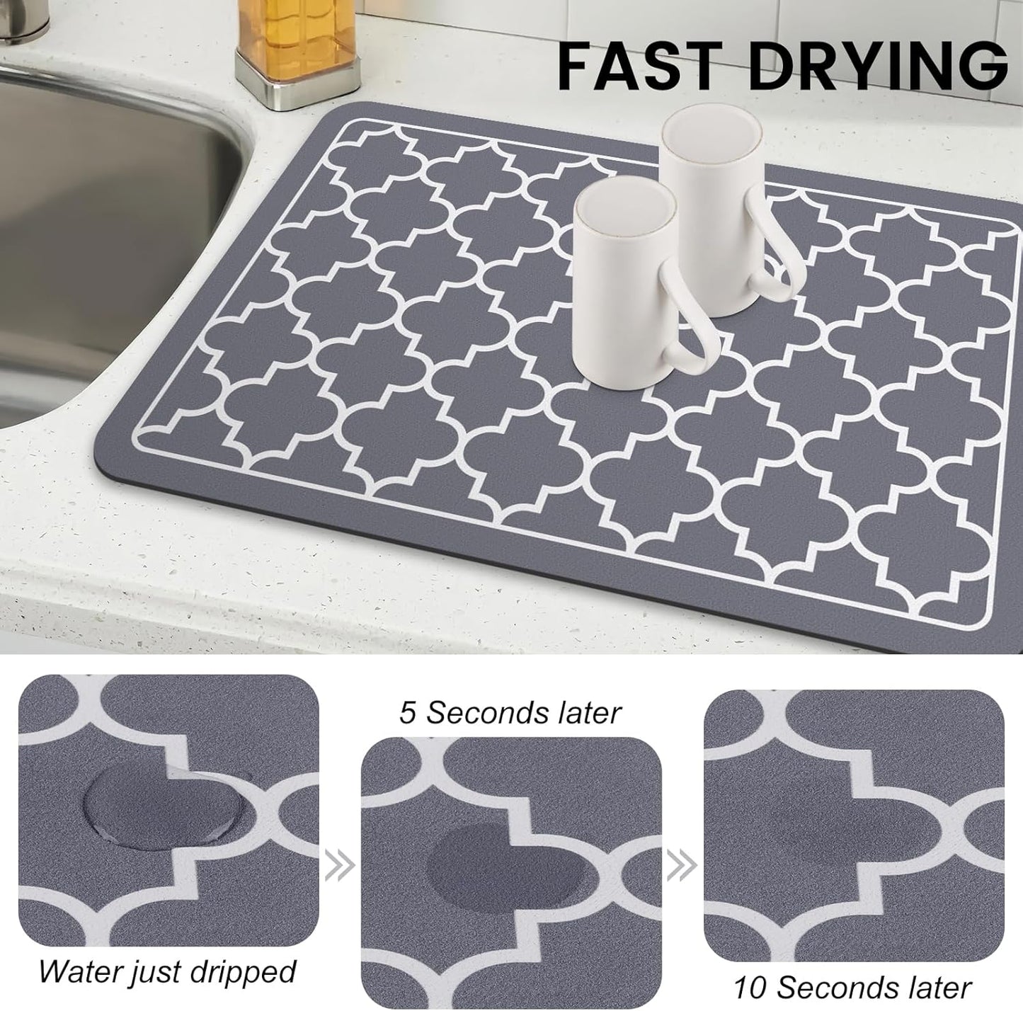 WISELIFE Dish Drying Mat Super Absorbent Drying Mat Large Dish Drying Mats for Kitchen Counter Easy Clean Dish Mat Kitchen Drying Mat15"x 18" Stylish Grey