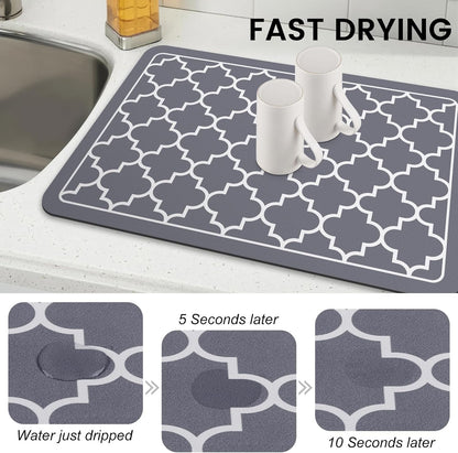 WISELIFE Dish Drying Mat Super Absorbent Drying Mat Large Dish Drying Mats for Kitchen Counter Easy Clean Dish Mat Kitchen Drying Mat15"x 18" Stylish Grey