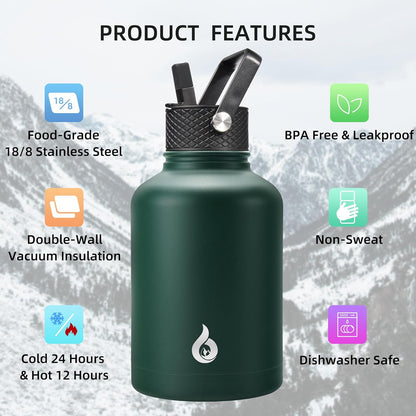 BJPKPK Insulated Water Bottles with Straw Lid, 40oz Stainless Steel Water Bottles with 3 Lids, BPA Free Leakproof Thermo, Tumblers, Cups for Sports, Gym- Midnight - Colors A