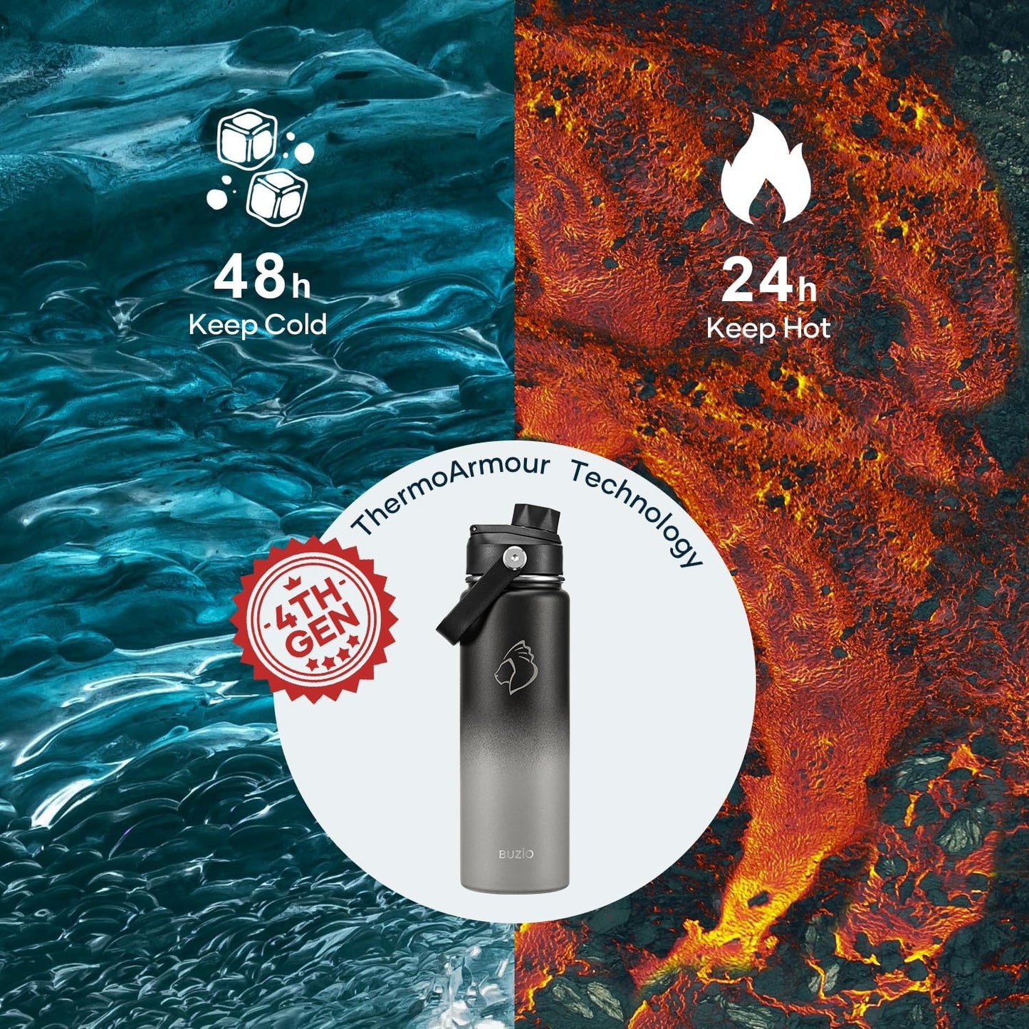 BUZIO 40oz Insulated Water Bottle, Triple Wall Vacuum Stainless Steel Water Flask with 2 lids, Lead-Free BPA-Free Straw Lid Sports Canteen Jug, Cold 48H & Hot 24H- Black - Colors B