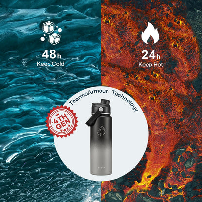 BUZIO 40oz Insulated Water Bottle, Triple Wall Vacuum Stainless Steel Water Flask with 2 lids, Lead-Free BPA-Free Straw Lid Sports Canteen Jug, Cold 48H & Hot 24H- Black - Colors B