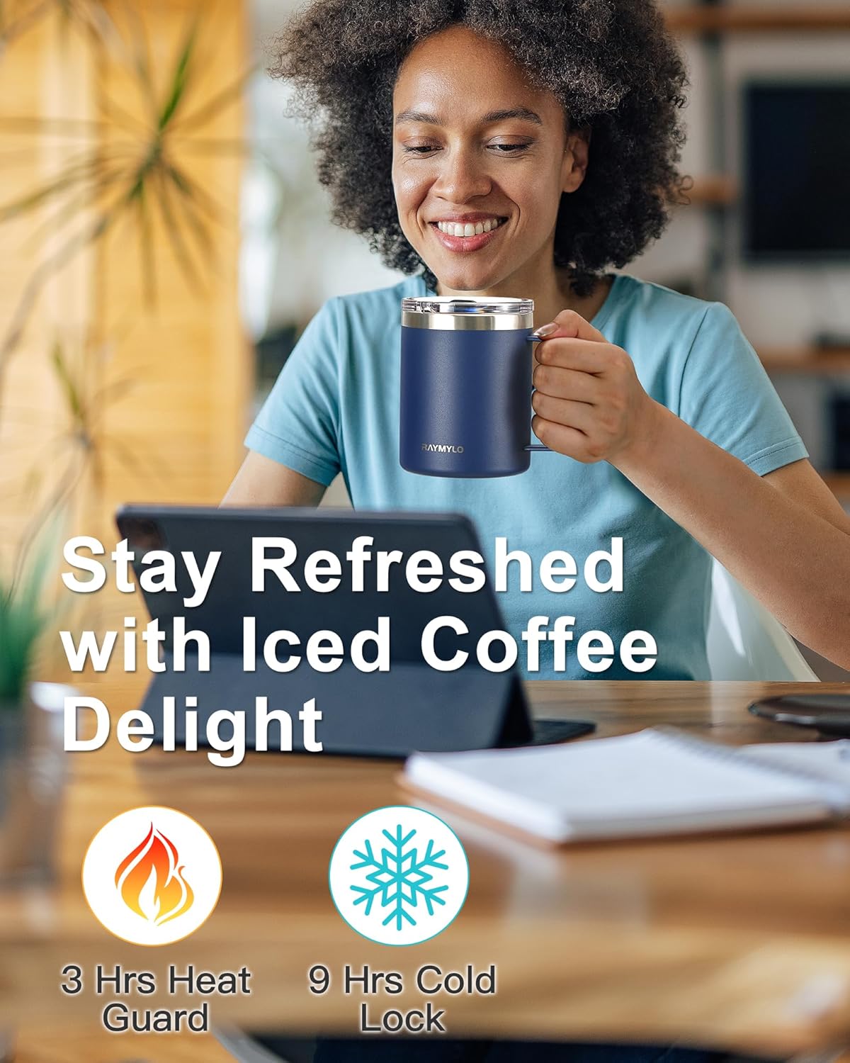 RAYMYLO Insulated Coffee Mug 12 oz, Double Wall Stainless Steel Coffee Mug with Lids, Leak-Proof & Detachable Slider Lid for Thorough Clean, Keeps Coffee Cold for 9 Hrs, Suitable for Camp Home Office