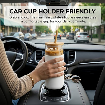 16oz Glass Tumbler with Lid and Straw, Thick Borosilicate Glass Iced Coffee Cup with Protective Silicone Sleeve, Car Cup Holder Friendly Reusable Smoothie Cup for Matcha Tea and Boba, Gift Box Ready