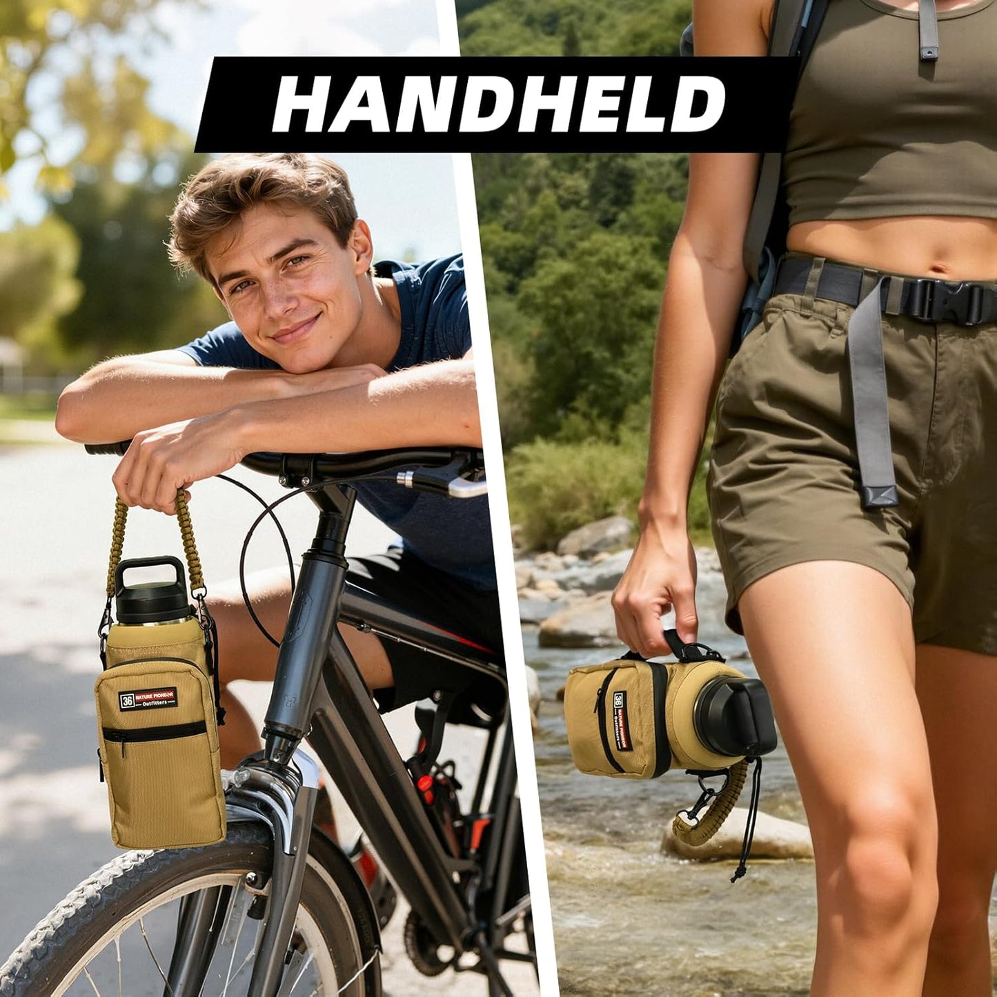 NATURE PIONEOR Water Bottle Holder with Adjustable Strap - 26/32/36/40/46/64oz Insulated Water Bottle Sling Carrier with Paracord Handle & 2 Pockets, Outdoor Sports, Hiking, Camping, Gym