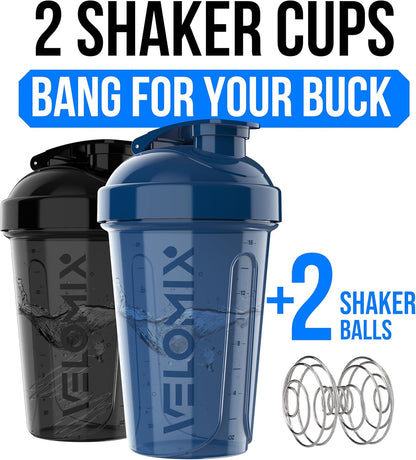 VELOMIX -2 Pack- 20 oz Protein Shaker Bottles for Protein Mixes - 2x Wire Whisk | Leak Proof Shaker Cups for Protein Shakes and Pre Workout | Protein Shaker Bottle Pack (Black/Transparent)