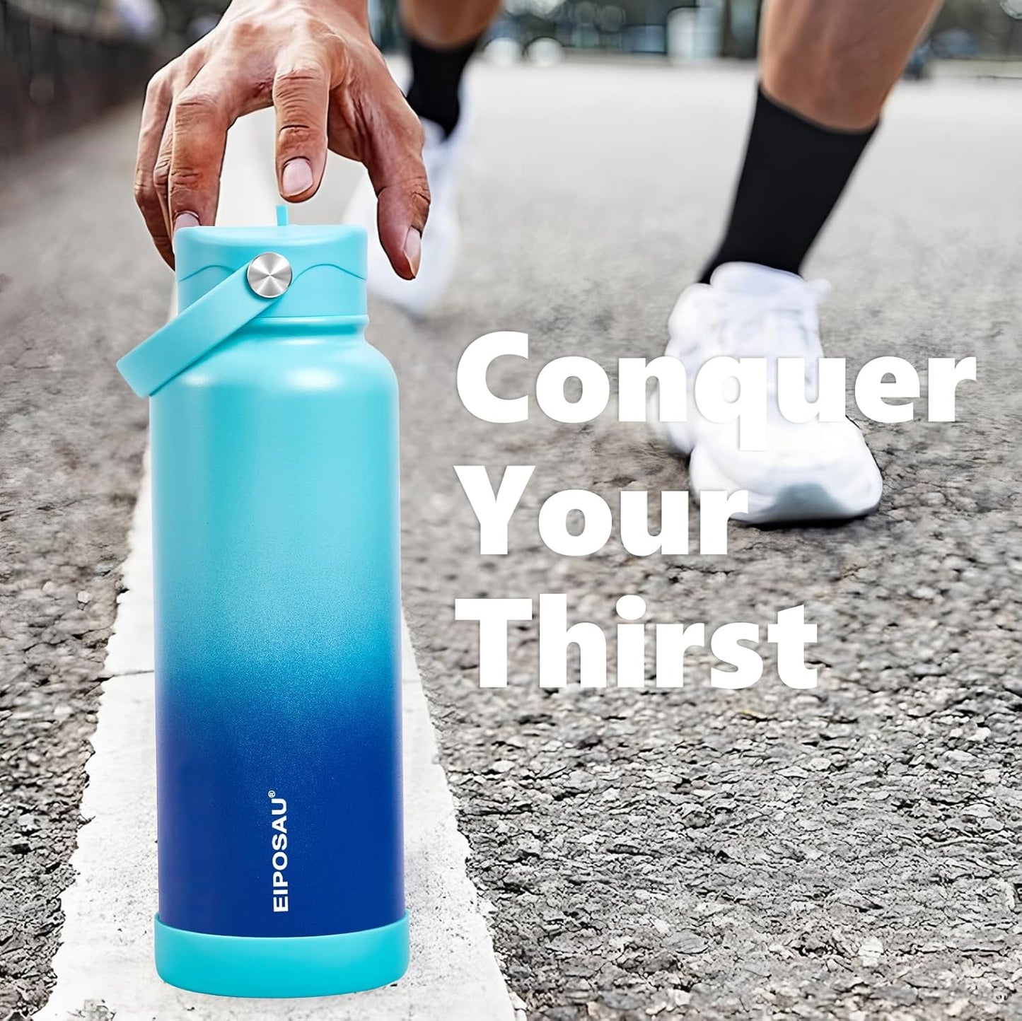 Insulated Water Bottle with Lid & Boot & Stickers, 24 oz Stainless Steel Sweat Free Bottle Keep Cold 24H, BPA-Free Sports Wide Mouth Water Bottle, BlueBlack