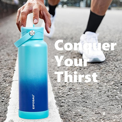 Insulated Water Bottle with Lid & Boot & Stickers, 24 oz Stainless Steel Sweat Free Bottle Keep Cold 24H, BPA-Free Sports Wide Mouth Water Bottle, BlueBlack
