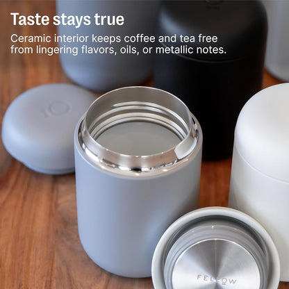 Fellow 12 oz Carter Wide Travel Mug - Wide Mouth Vacuum-Insulated Stainless Steel Coffee Mug - Tea and Coffee Tumbler with Ceramic Interior - Matte Black