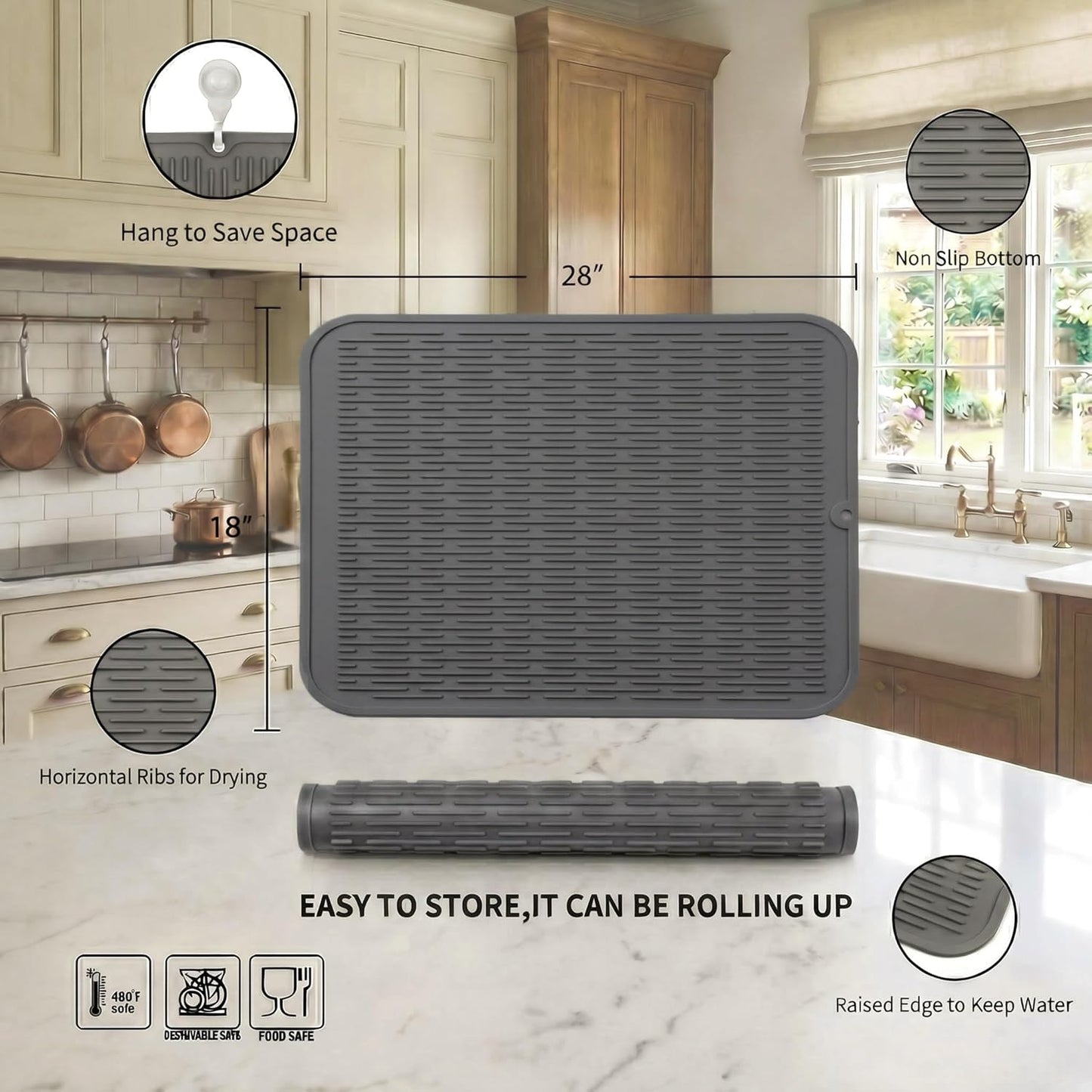 MicoYang Silicone Dish Drying Mat for Multiple Usage,Easy clean,Eco-friendly,Heat-resistant Silicone Mat for Kitchen Counter,Sink,Bar,Bottle,or Cup Green M 17 inches x 6 inches