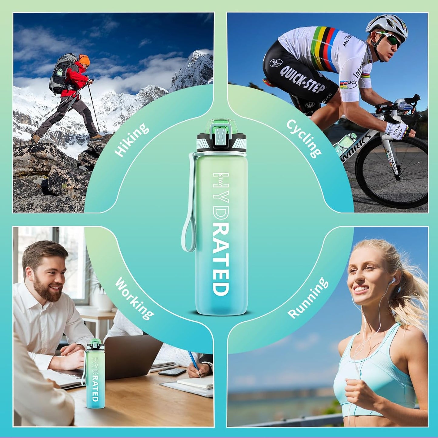 QLUR Water Bottle with Straw, 32oz Motivational Water Bottles with Time Marker to Drink, Tritan BPA Free, 1L Sports Water Bottle with Carry Strap LeakProof for Women Gym Fitness Outdoor (1 Pack)