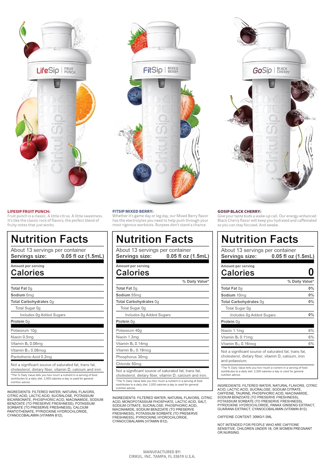Cirkul 22oz. BPA-Free Plastic Water Bottle Starter Kit with Blue Lid, 2 Flavor Cartridges (1 LifeSip Fruit Punch, 1 FitSip Mixed Berry) No Sugar, Zero Calorie Drink Mix