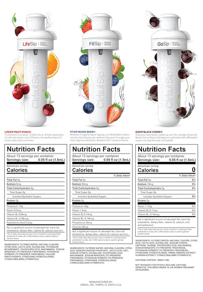 Cirkul 22oz. BPA-Free Plastic Water Bottle Starter Kit with Blue Lid, 2 Flavor Cartridges (1 LifeSip Fruit Punch, 1 FitSip Mixed Berry) No Sugar, Zero Calorie Drink Mix