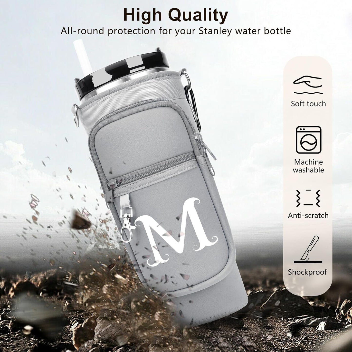 LOKASS Personalized Water Bottle Holder with Strap for Stanley Cup Accessories 40 oz, Initial for Stanley Cup Holder Carrier Bag with Phone Pocket, Stylish Tumbler Accessories for Daily Use Hands-Free