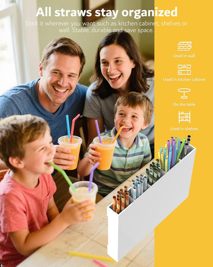 Upgraded 9.5'' Large Acrylic Straw Holder for Cabinet Door, Adjustable Space-Saving Straw Organizer Storage Dispenser for Cabinet with Ultra Sticky Adhesive Strips, 2-Part Rack, Drainage Holes