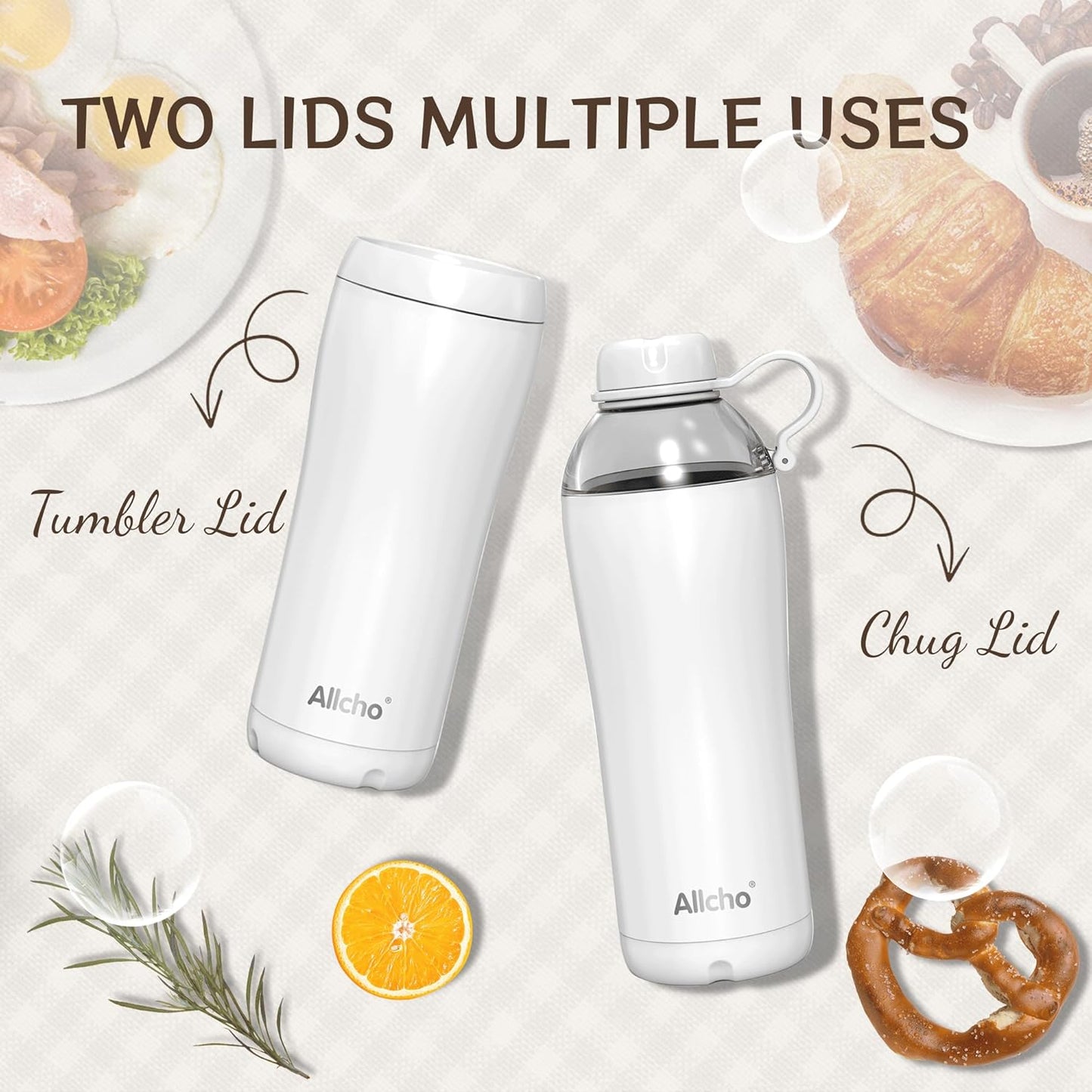 Allcho Insulated Water Bottle for Women, 18oz Stainless Steel Leak Proof Tumbler with 2 Lids, BPA-Free Tritan Chug & Straw Lid, Double Wall Vacuum Flask