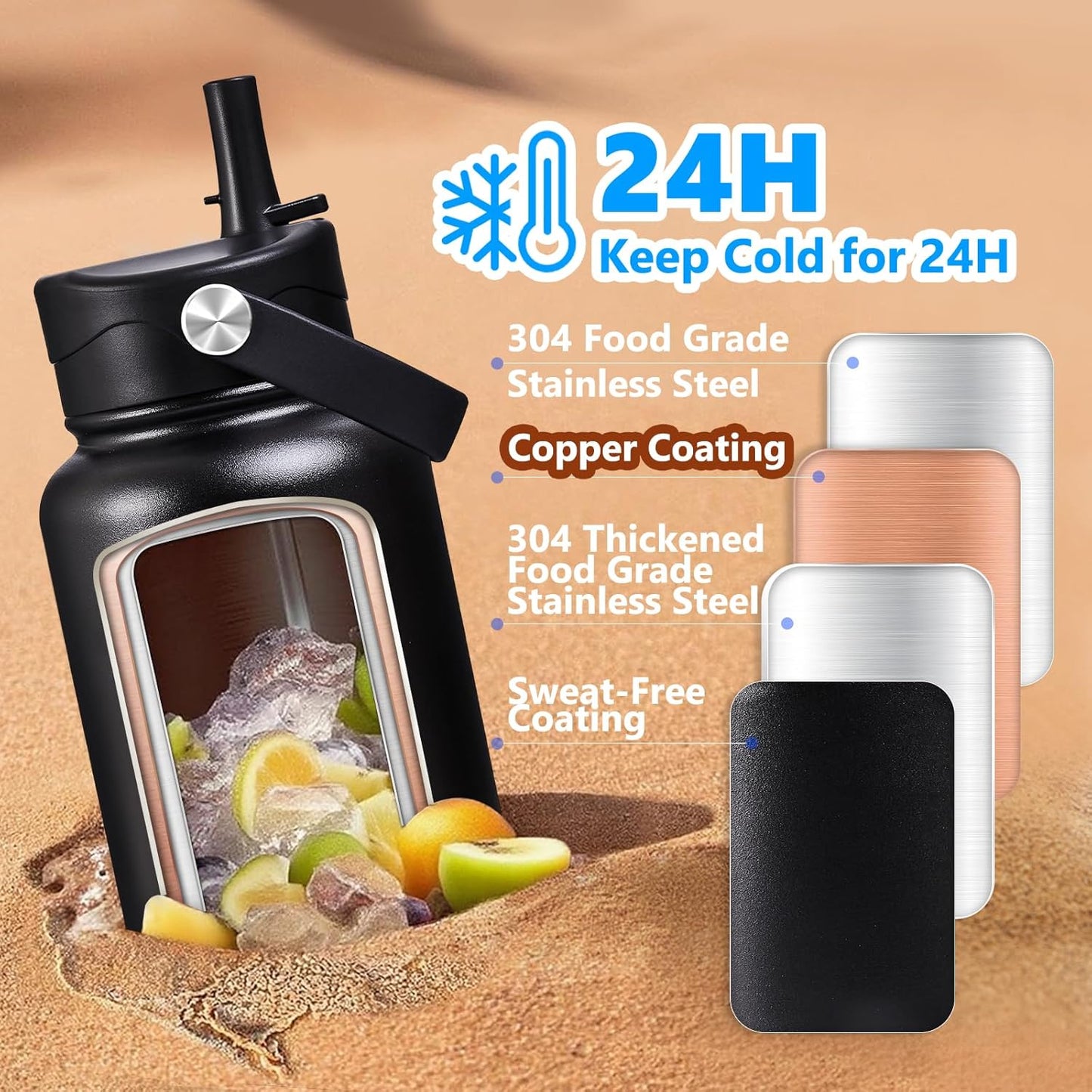 Insulated Water Bottle with Lid & Boot & Stickers, 24 oz Stainless Steel Sweat Free Bottle Keep Cold 24H, BPA-Free Sports Wide Mouth Water Bottle, BlueBlack